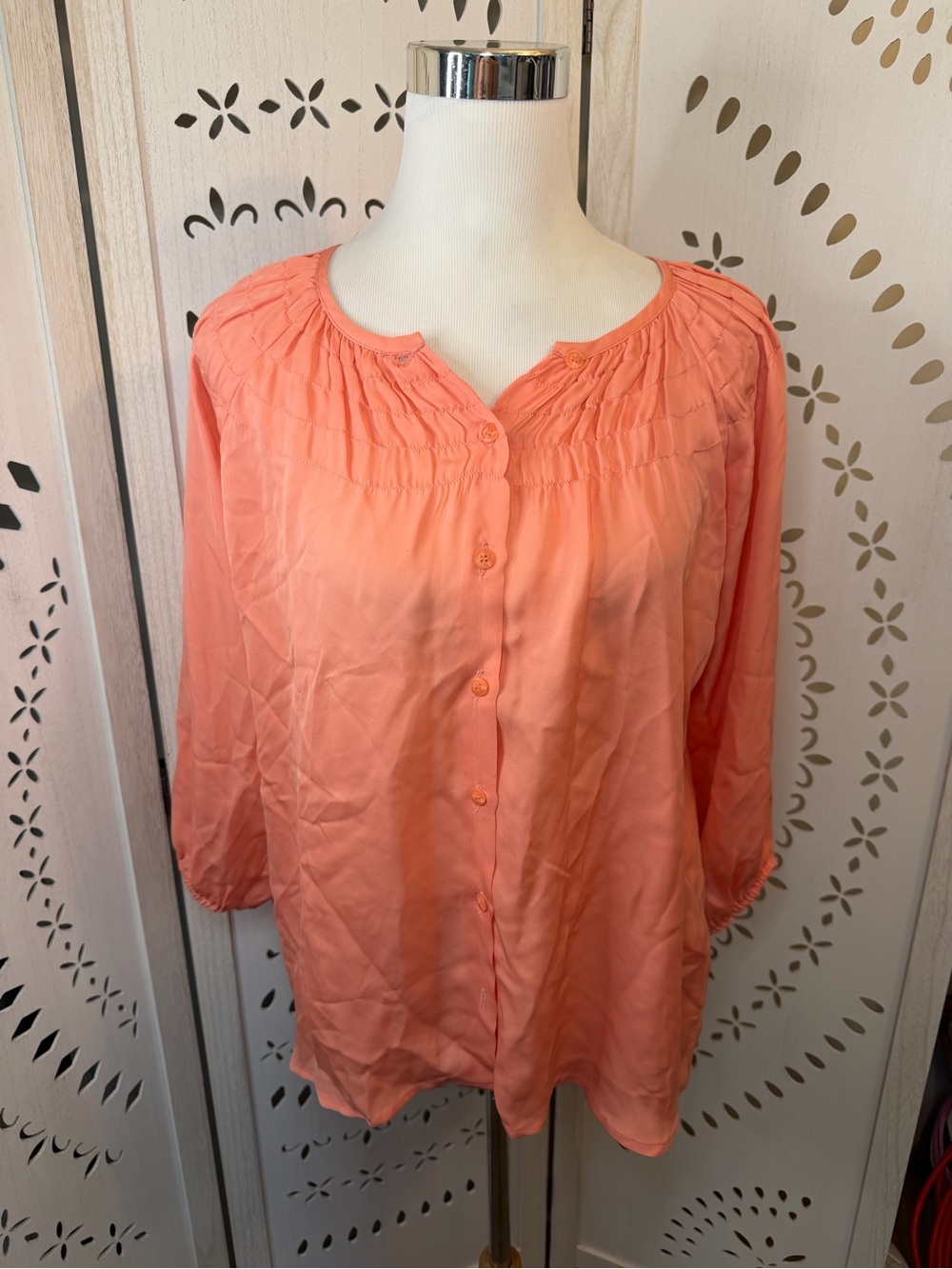 Tucker 100% Silk Peach Shirred Button-Front Peasant Blouse